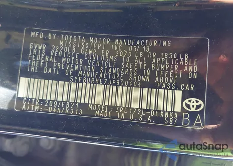 2018 Toyota Corolla Le из США, поврежденный, VIN 5YFBURHE7JP830404